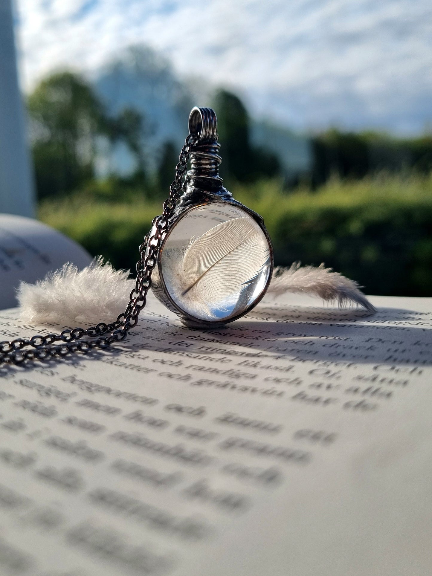 Bird Feather necklace, Down terrarium pendant.