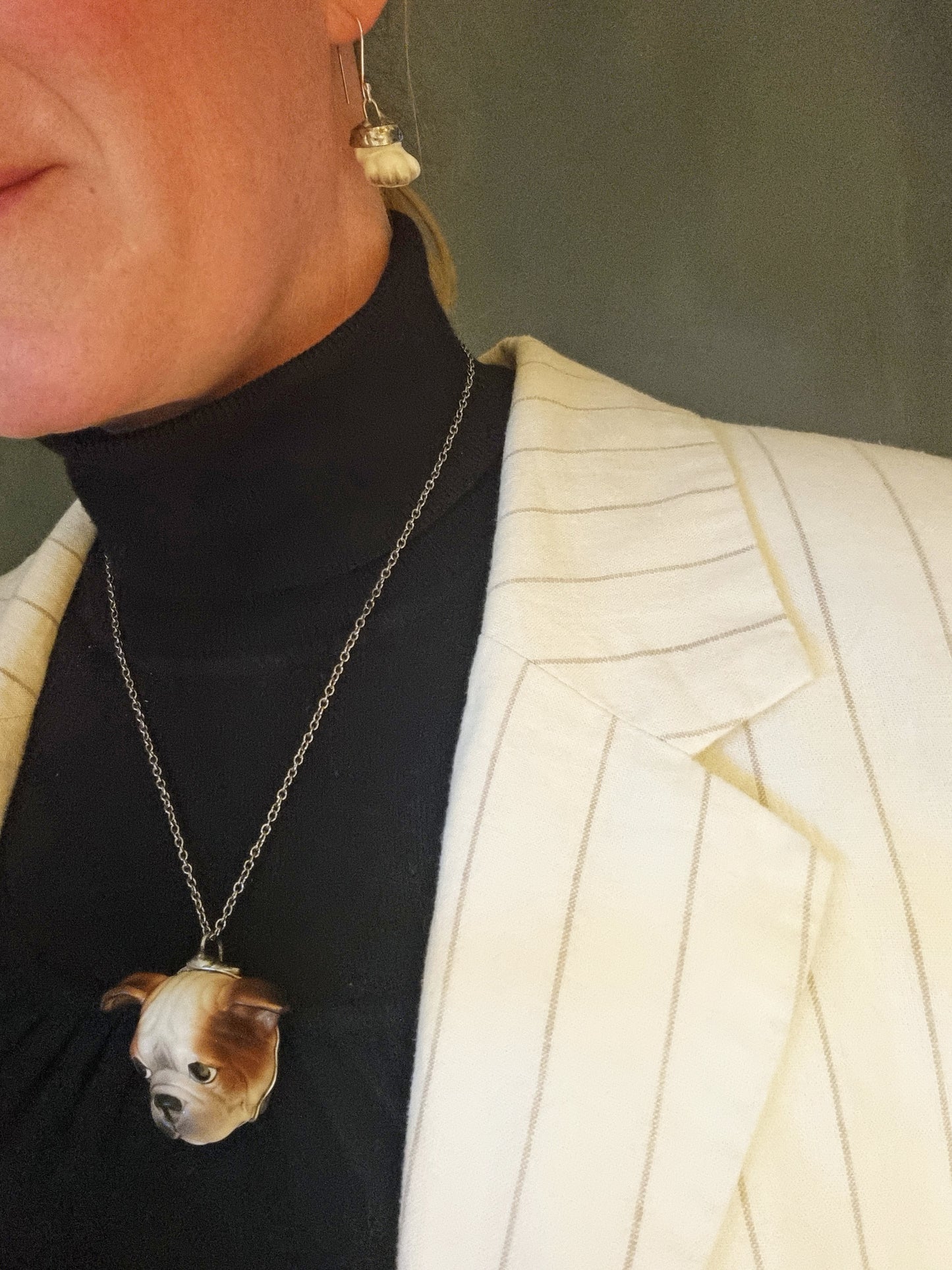 French Bulldog (brown) porcelain necklace with earrings