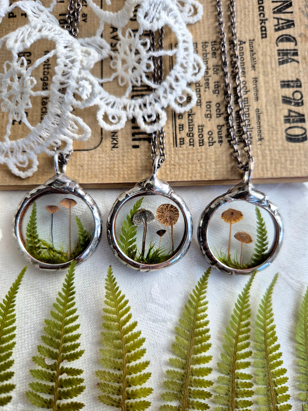 Mushroom and Fern necklace No 3, Forest necklace.