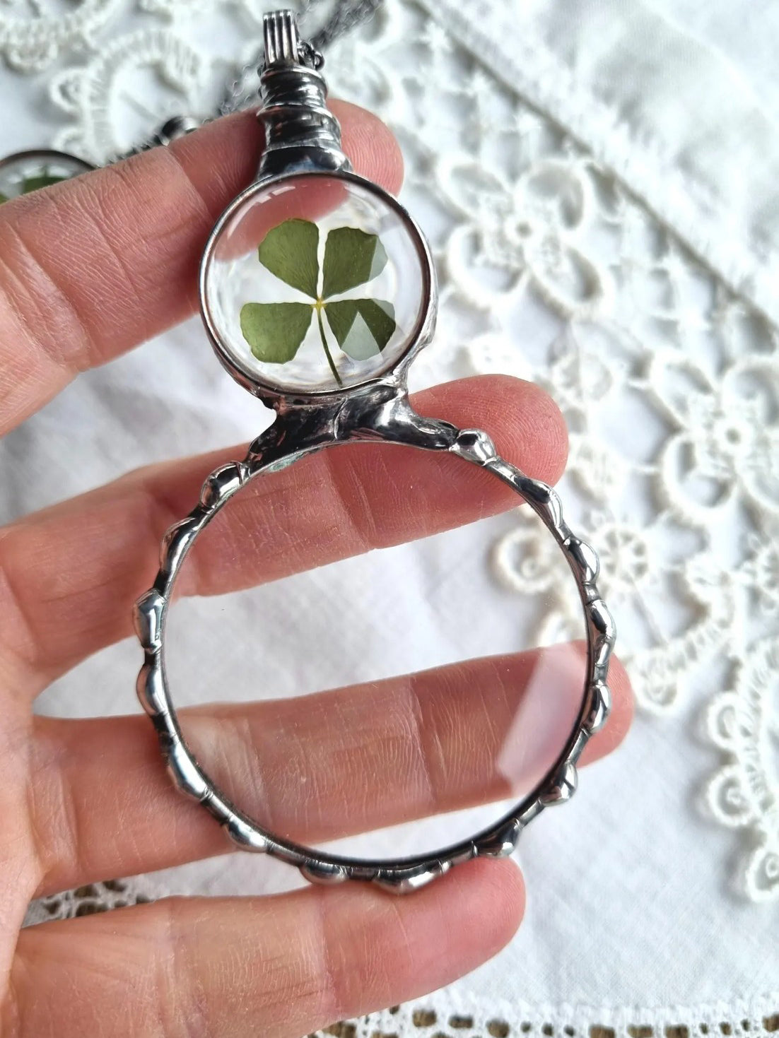 Magnifying Loupe Necklace, Magnifier Glass Pendant with Four Leaf Clover