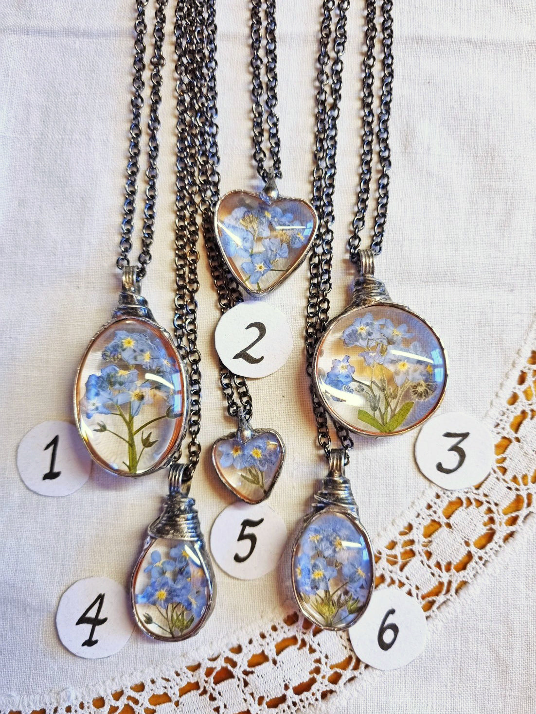 Forget me not necklaces. Pressed dried flowers, Terrarium necklace.