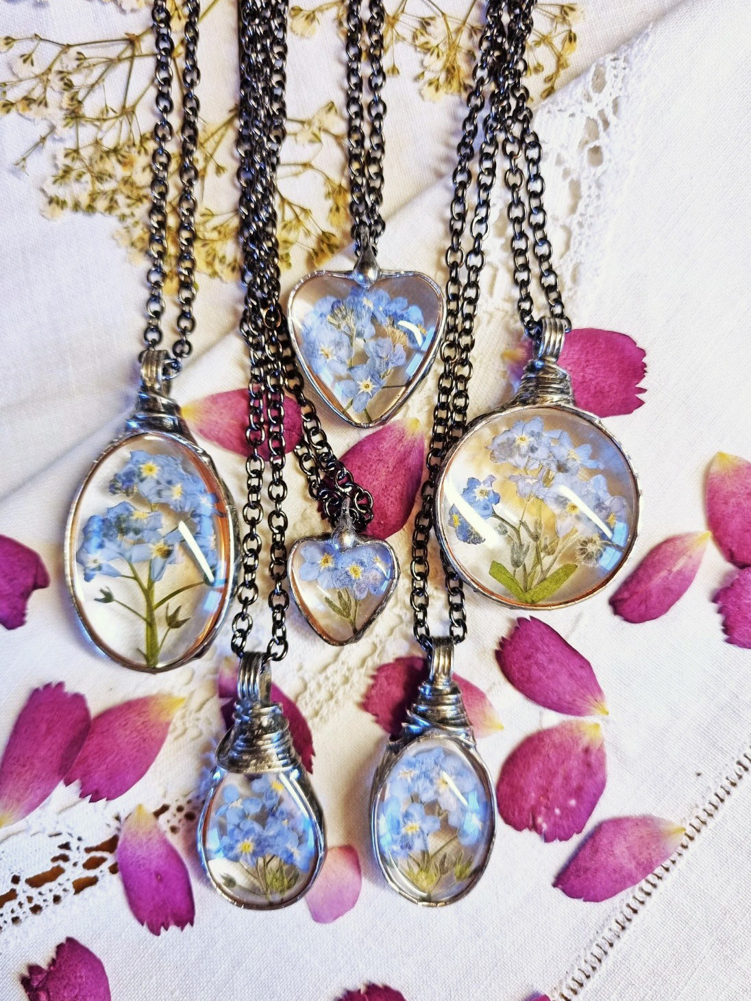 Forget me not necklaces. Pressed dried flowers, Terrarium necklace.