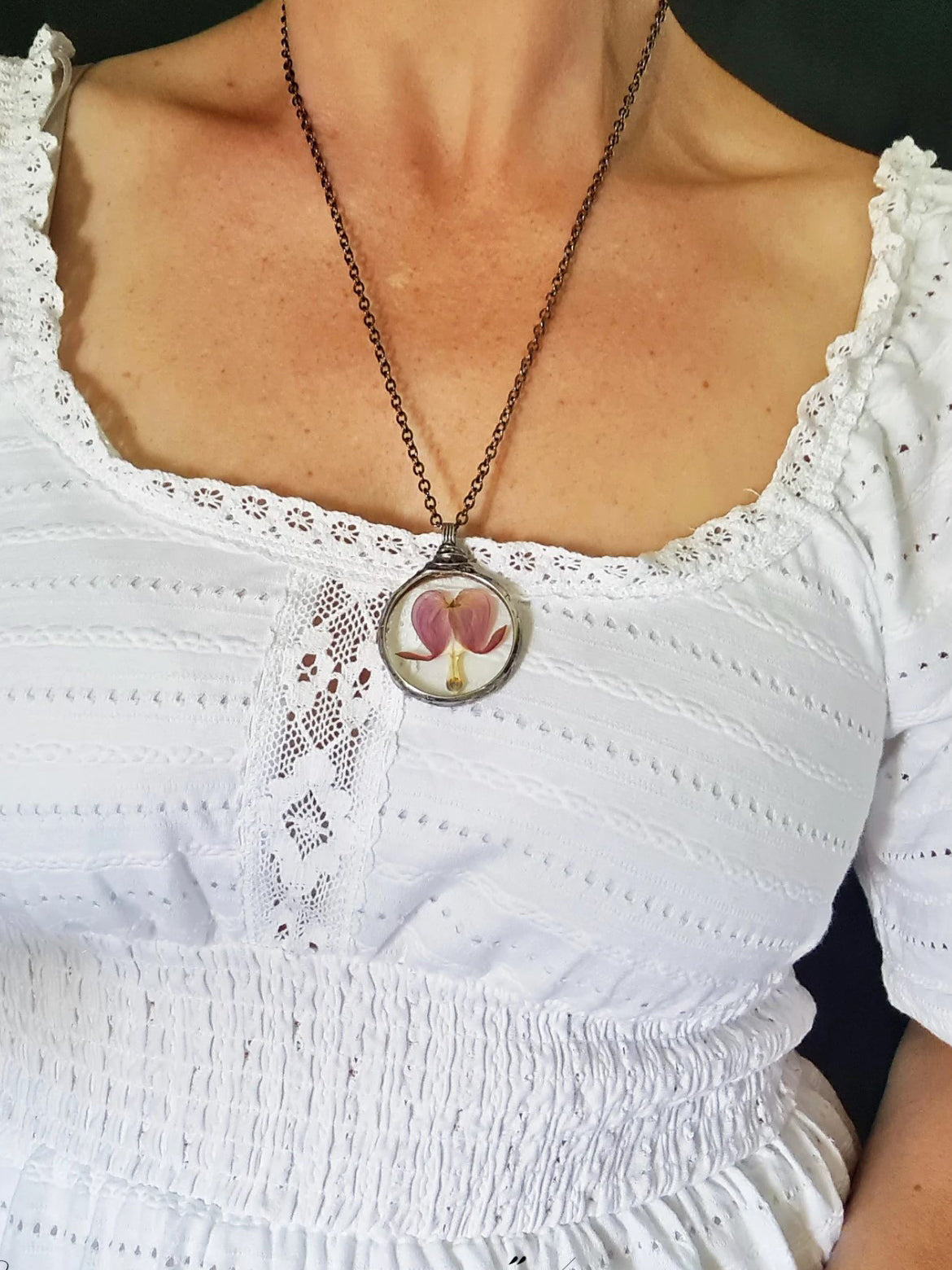 Bleeding Heart Necklace with real, pressed flower