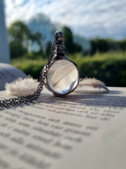 Bird Feather necklace, Down terrarium pendant.