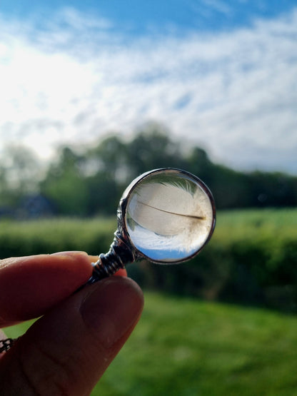 Bird Feather necklace, Down terrarium pendant.