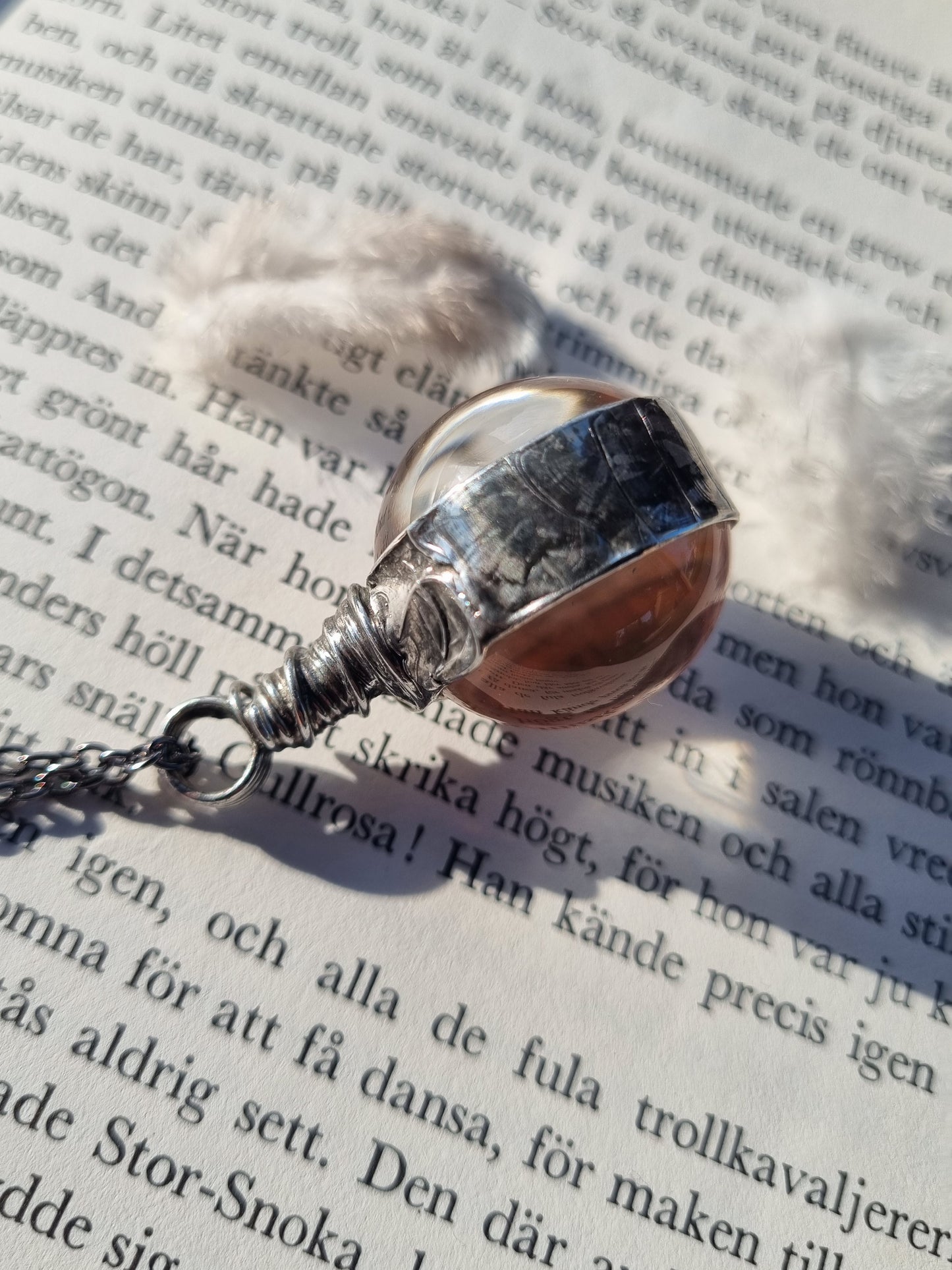 Bird Feather necklace, Down terrarium pendant.