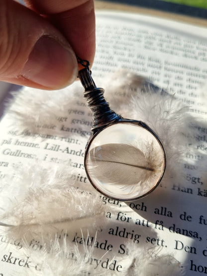 Bird Feather necklace, Down terrarium pendant.