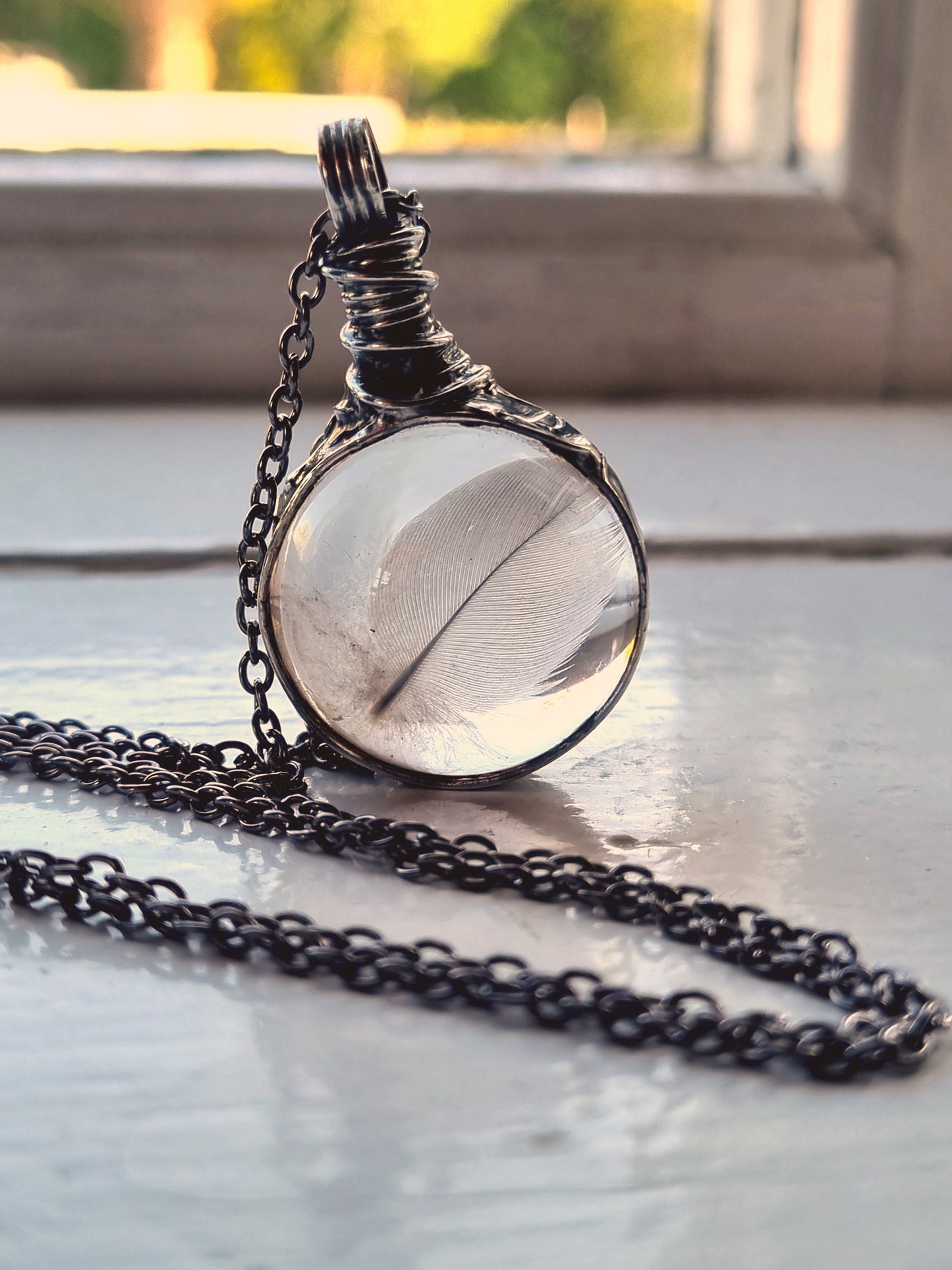 Bird Feather necklace, Down terrarium pendant.