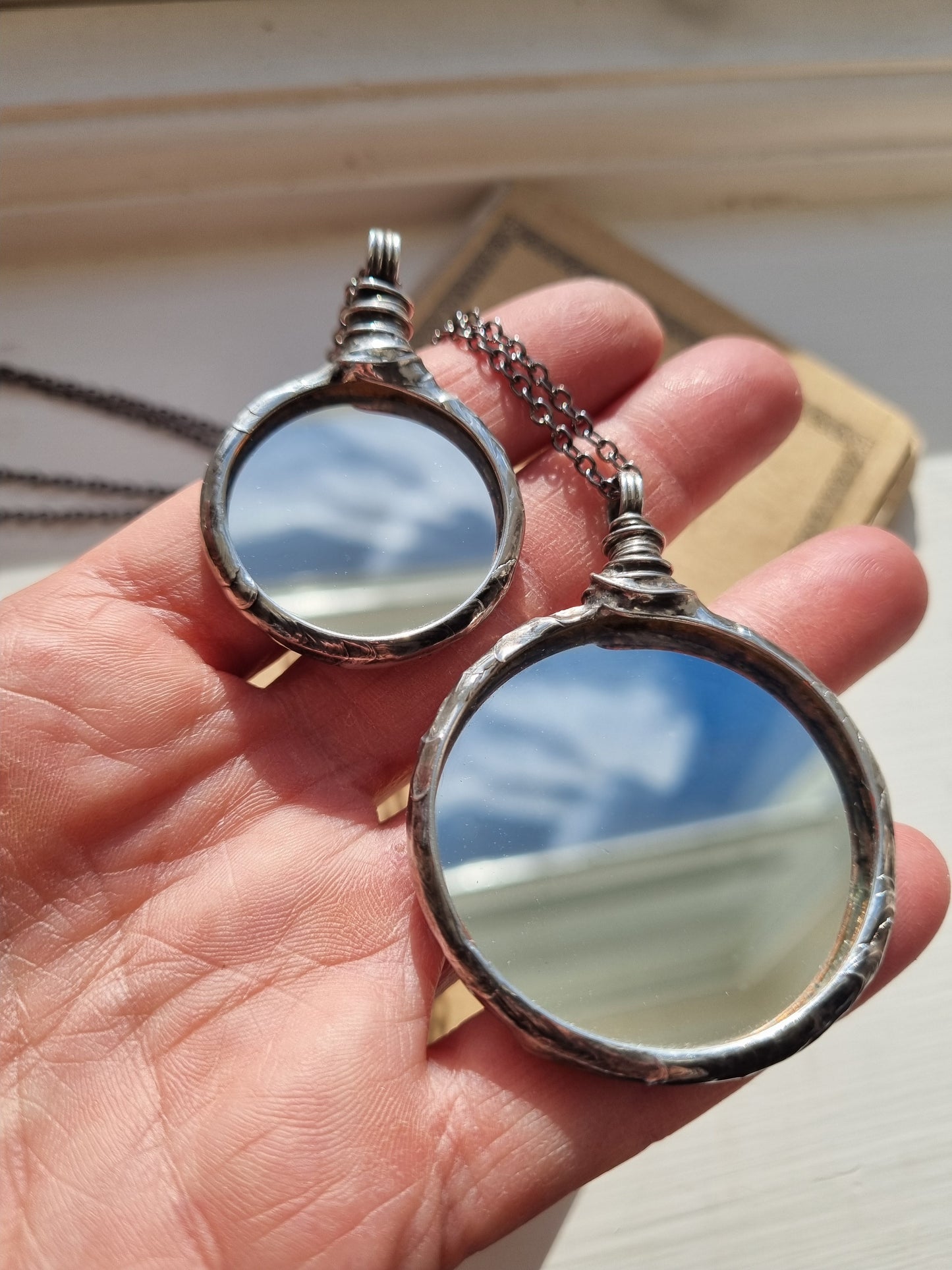 Mirror necklace with upcycled mirror glass