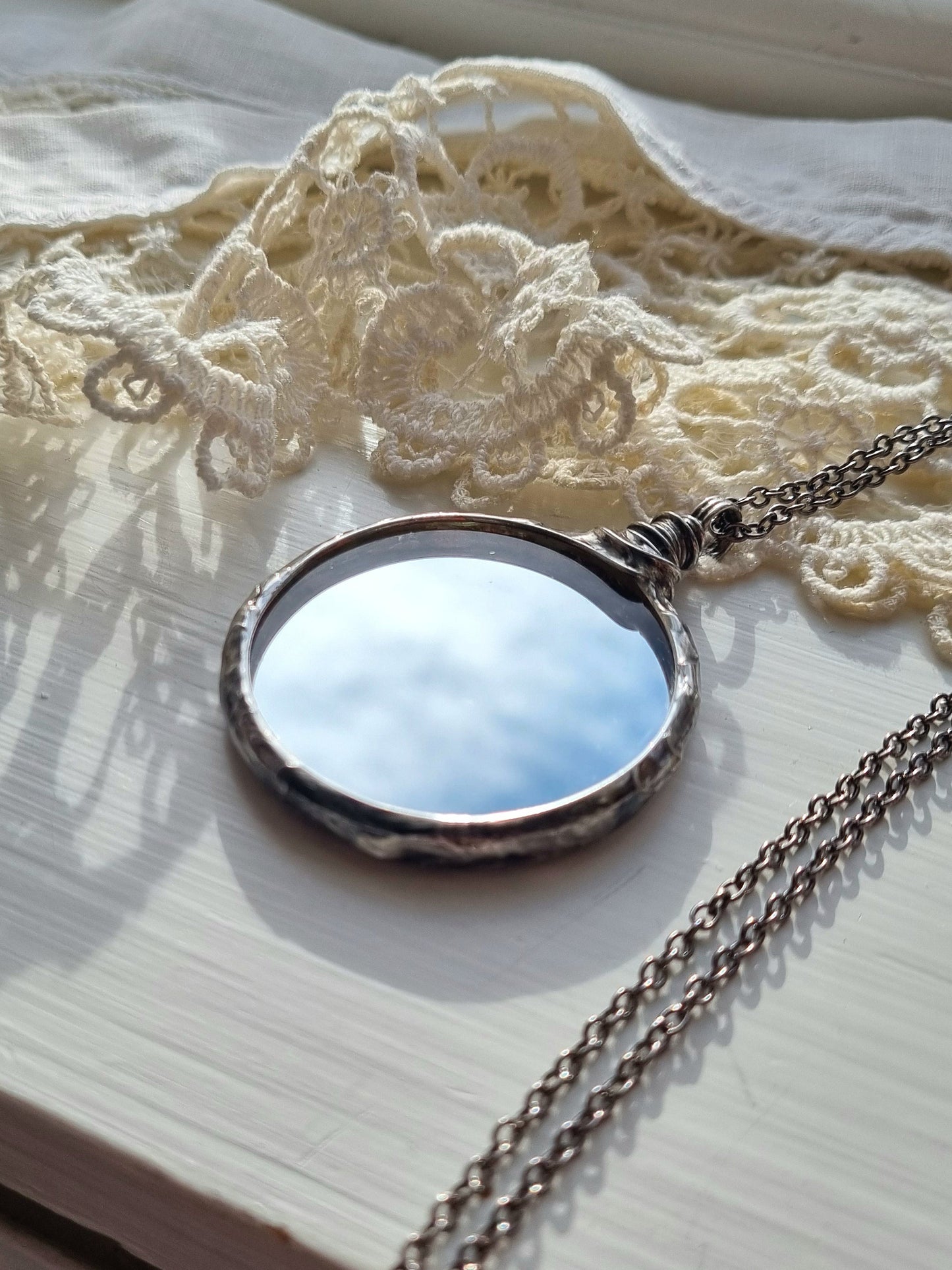 Mirror necklace with upcycled mirror glass