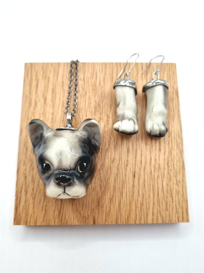 French Bulldog (black) porcelain necklace with earrings