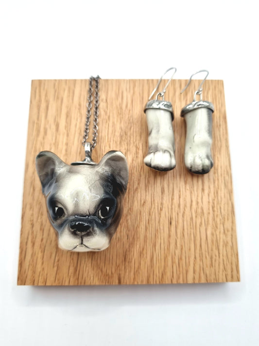 French Bulldog (black) porcelain necklace with earrings