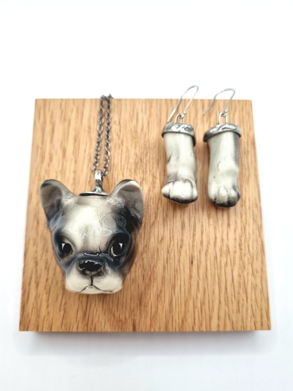 French Bulldog (black) porcelain necklace with earrings