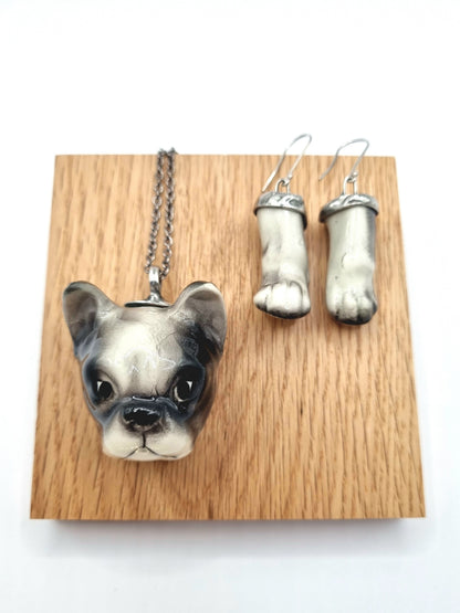 French Bulldog (black) porcelain necklace with earrings