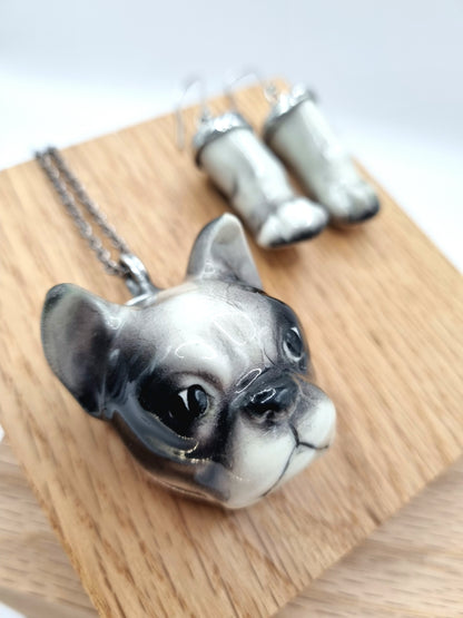 French Bulldog (black) porcelain necklace with earrings
