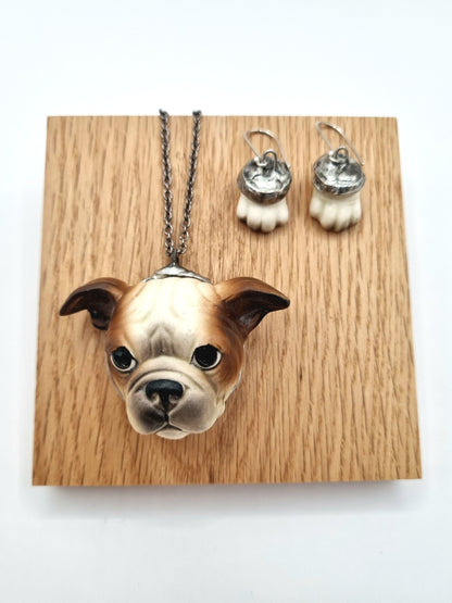 French Bulldog (brown) porcelain necklace with earrings