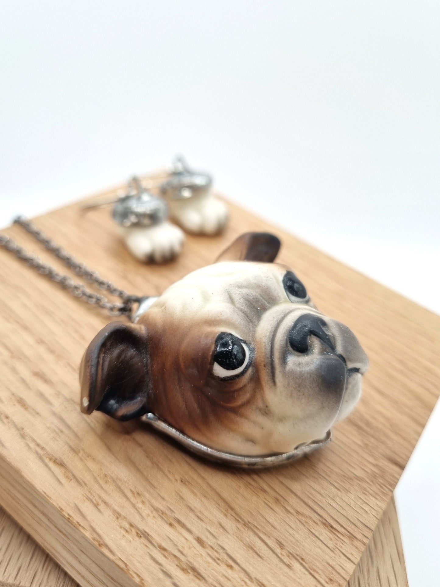 French Bulldog (brown) porcelain necklace with earrings