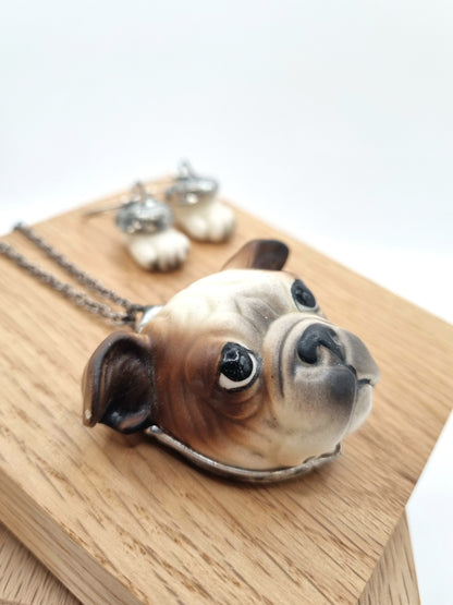 French Bulldog (brown) porcelain necklace with earrings