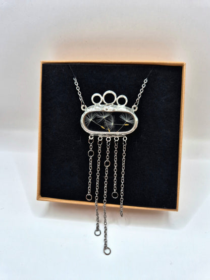 Dandelion seed necklace with dangling chains, Terrarium necklace.