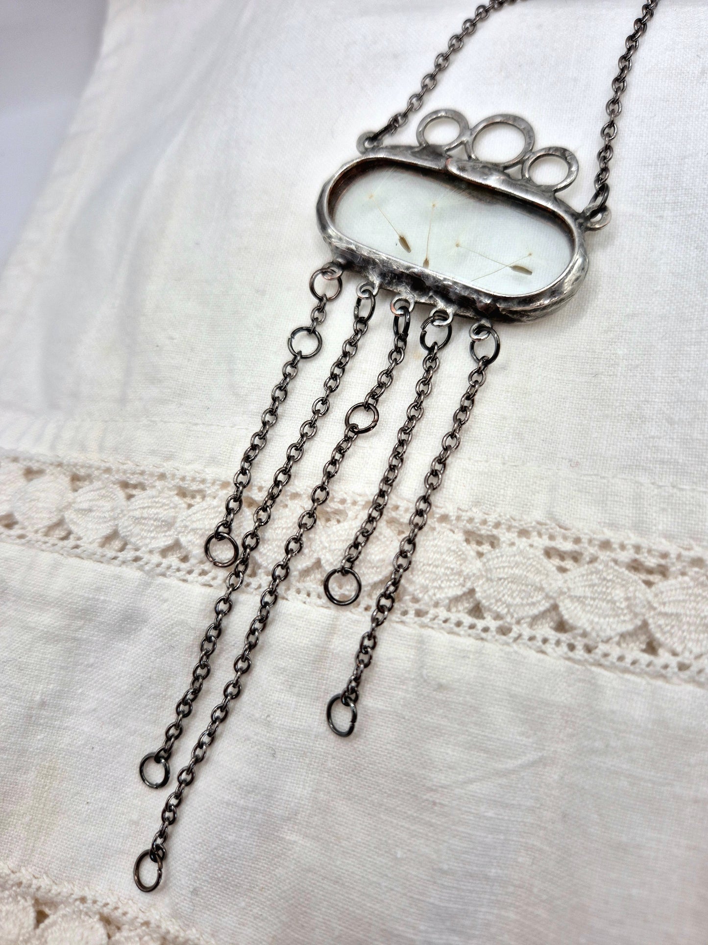 Dandelion seed necklace with dangling chains, Terrarium necklace.
