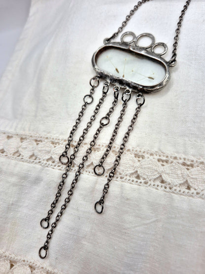 Dandelion seed necklace with dangling chains, Terrarium necklace.
