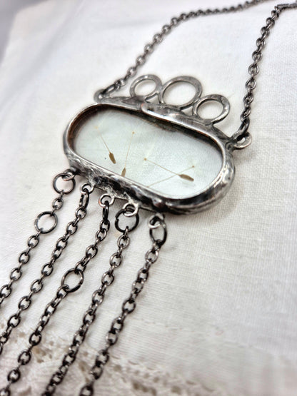 Dandelion seed necklace with dangling chains, Terrarium necklace.