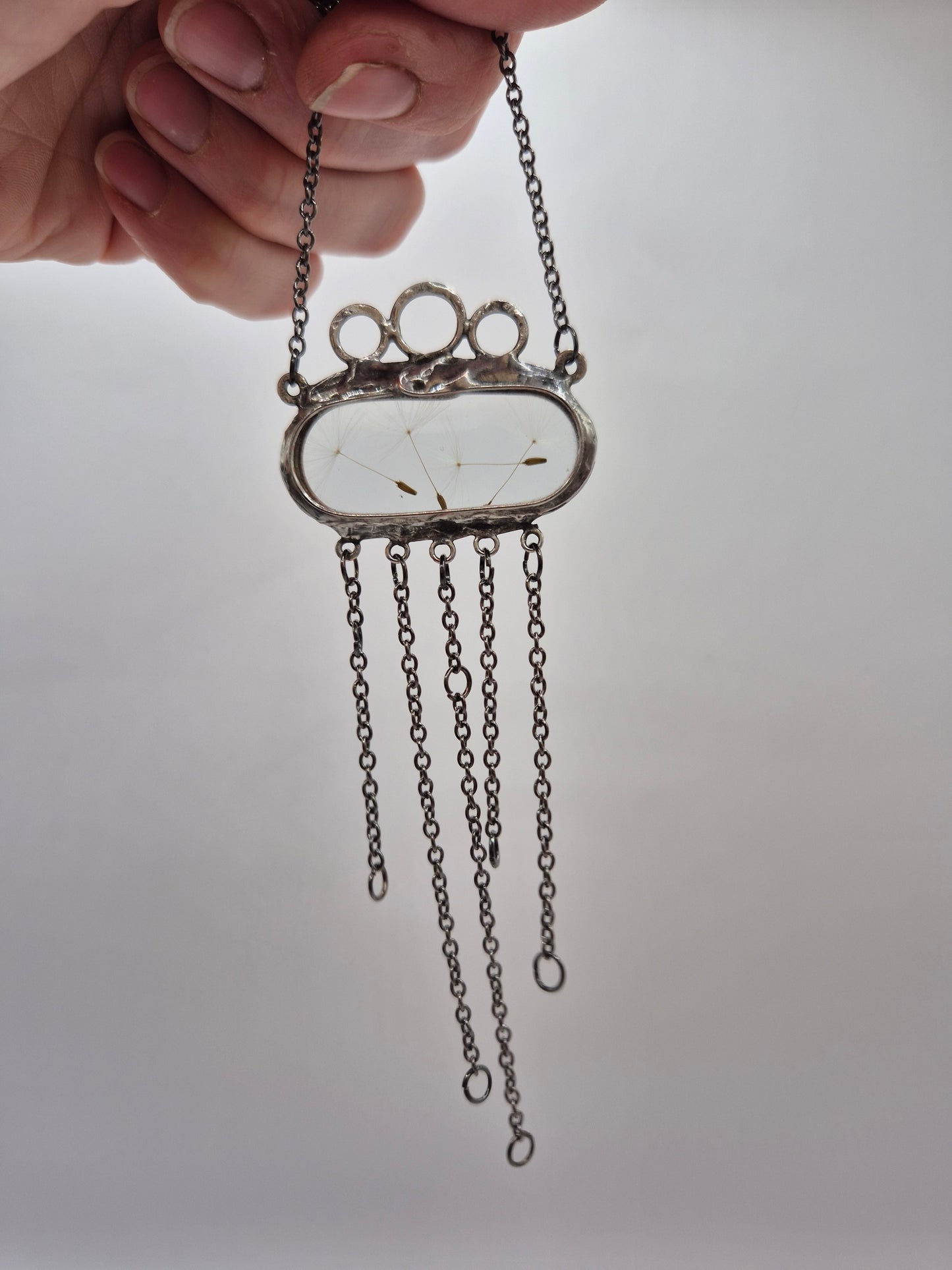 Dandelion seed necklace with dangling chains, Terrarium necklace.