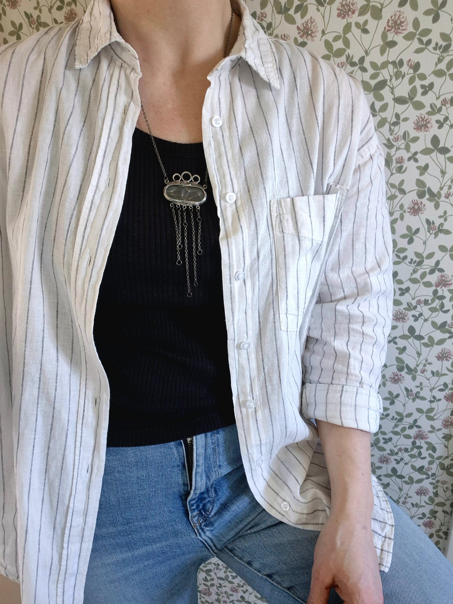 Dandelion seed necklace with dangling chains, Terrarium necklace.