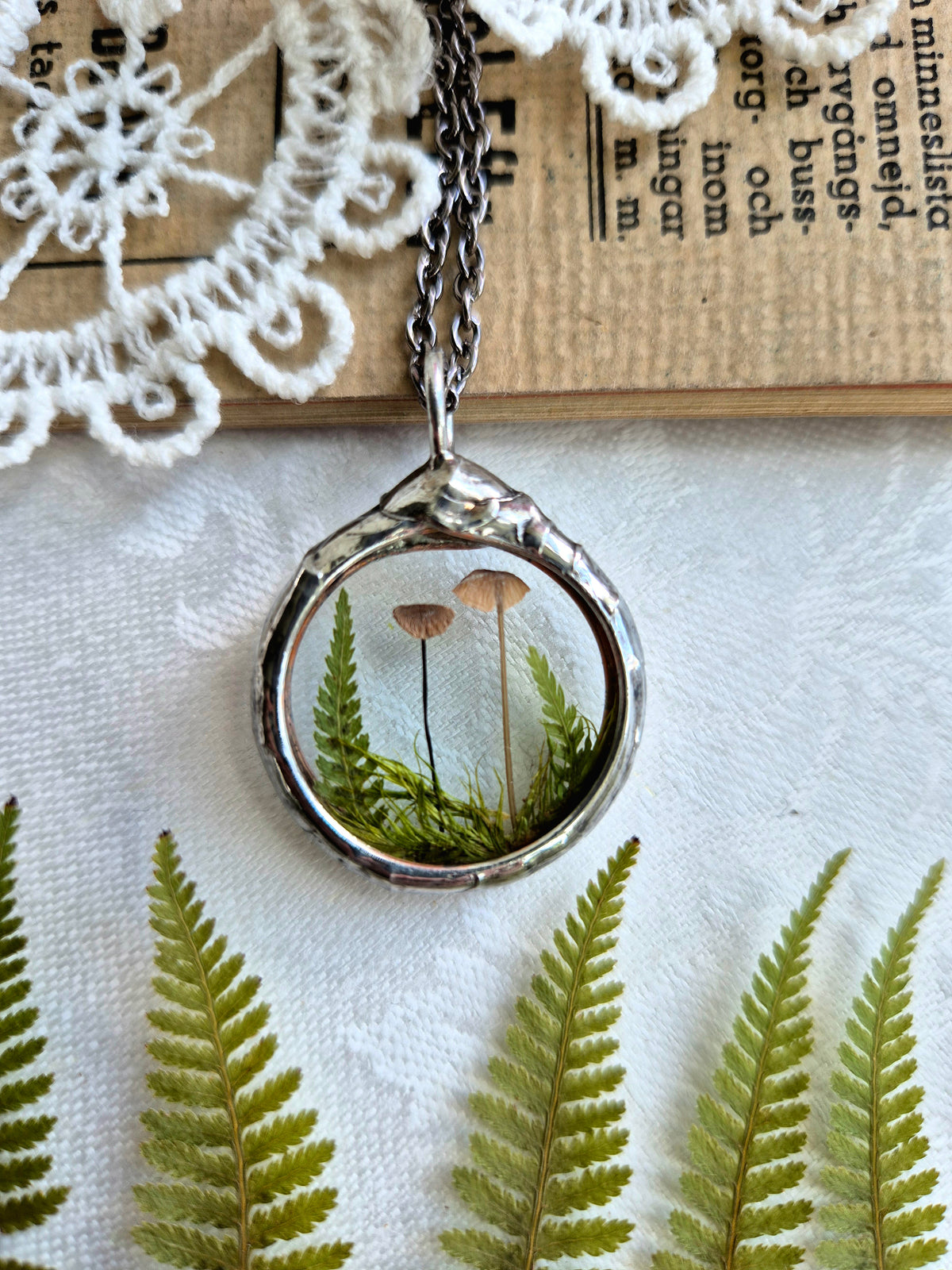 Mushroom and Fern necklace No 1, Forest necklace.