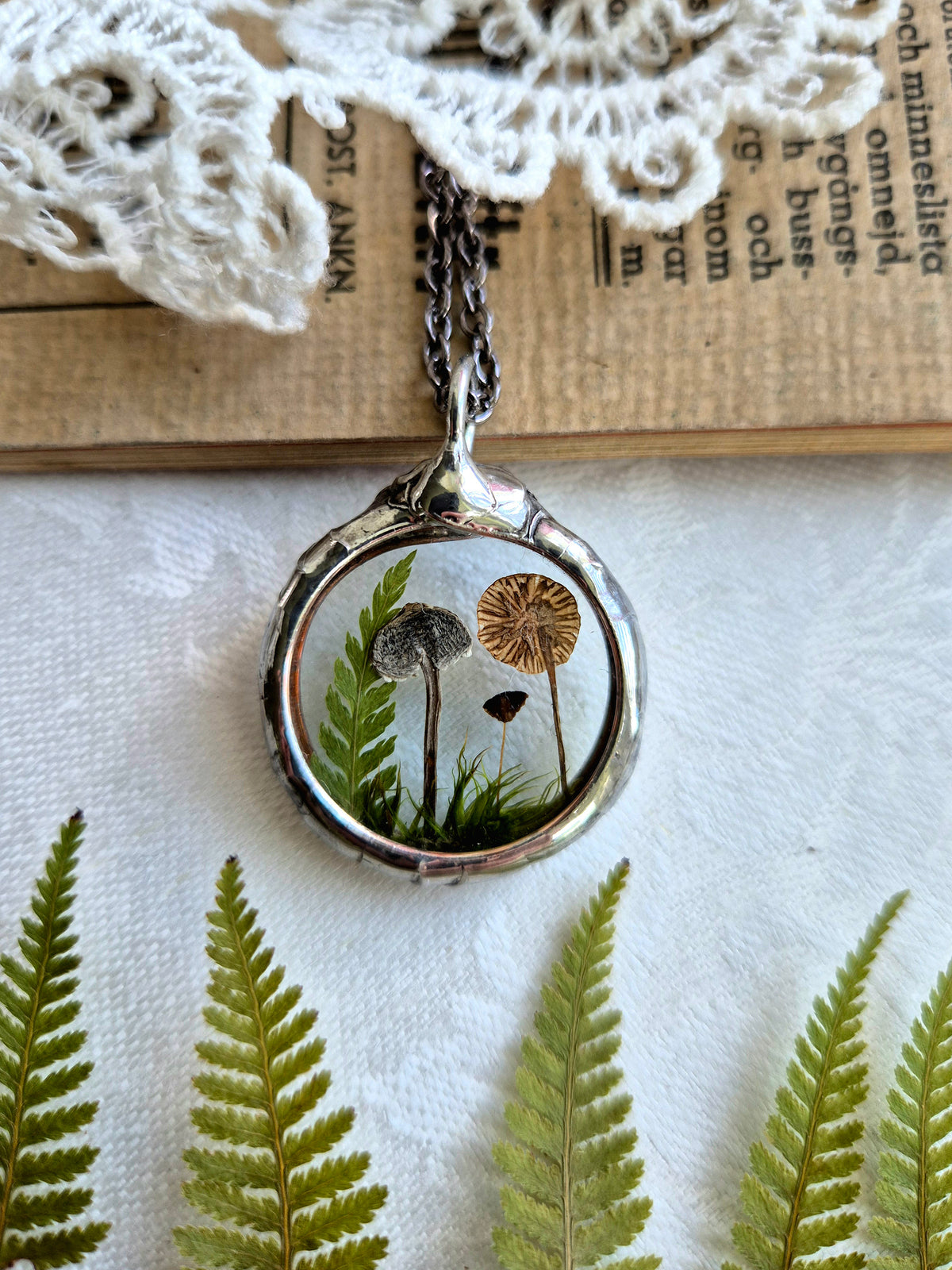 Mushroom and Fern necklace No 2, Forest necklace.