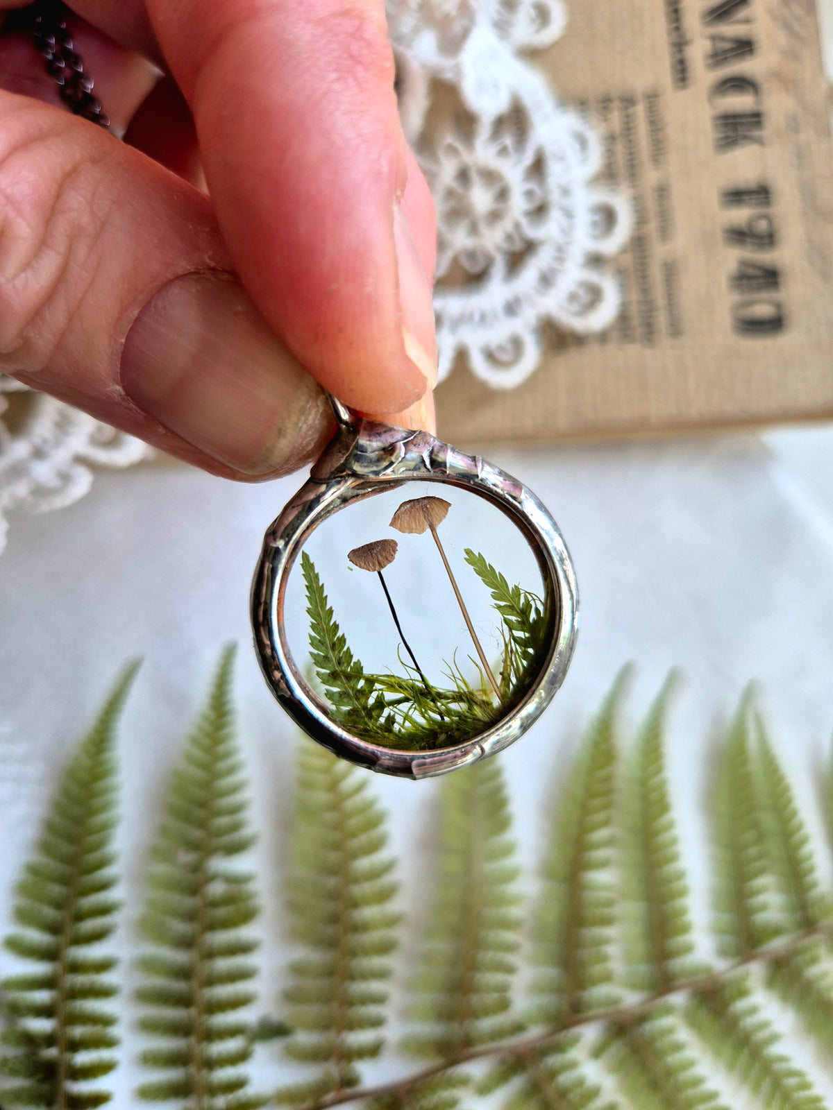 Mushroom and Fern necklace No 1, Forest necklace.
