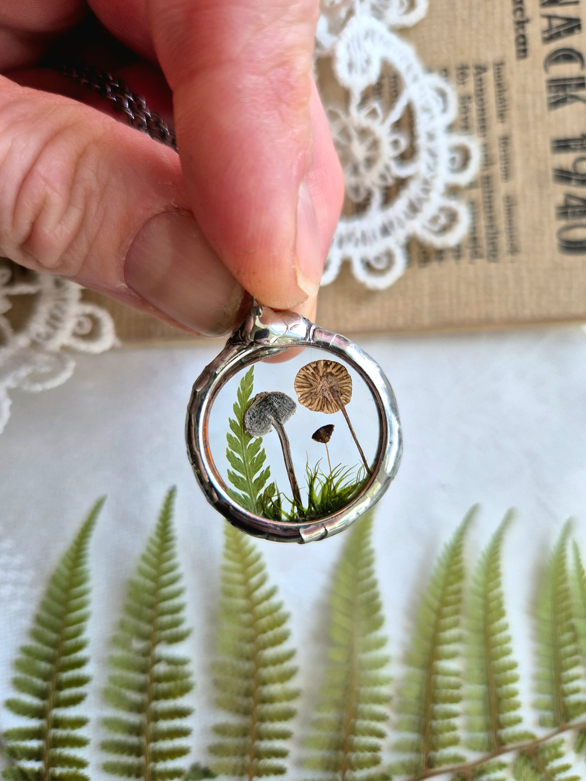Mushroom and Fern necklace No 2, Forest necklace.