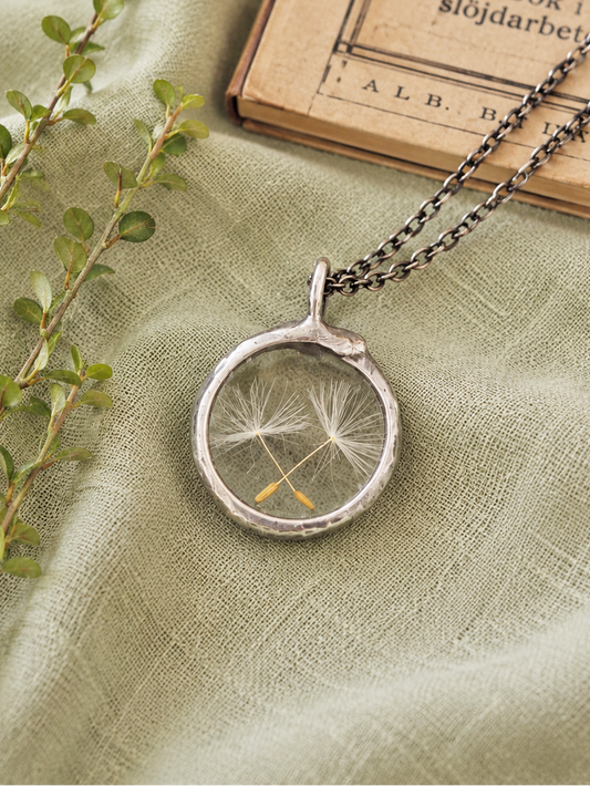 Dandelion seed necklace, small. Terrarium necklace.