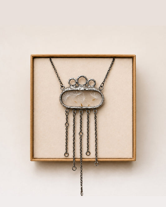Dandelion seed necklace with dangling chains, Terrarium necklace.