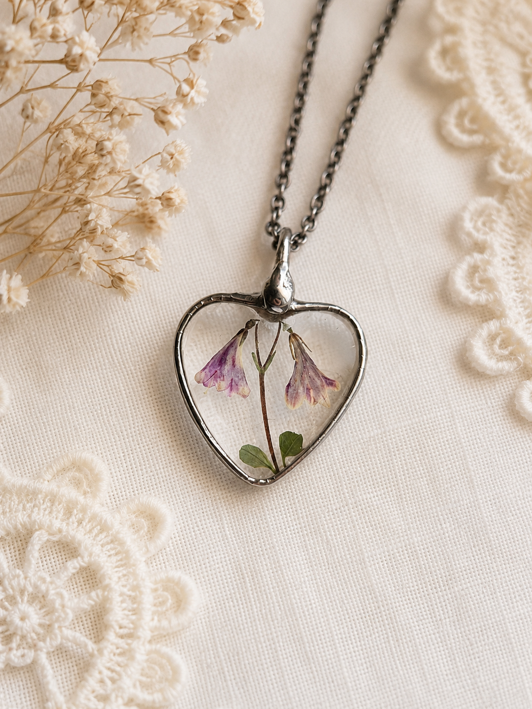 Twinflower Linnea heart necklace. Terrarium jewelry.