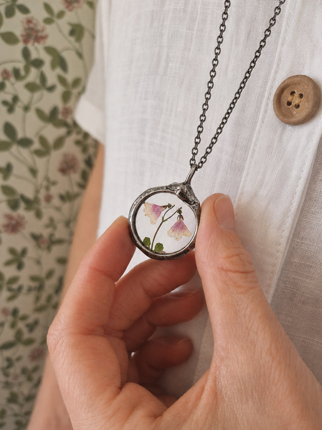 Twinflower Linnea Small Terrarium Necklace with real, pressed flower.