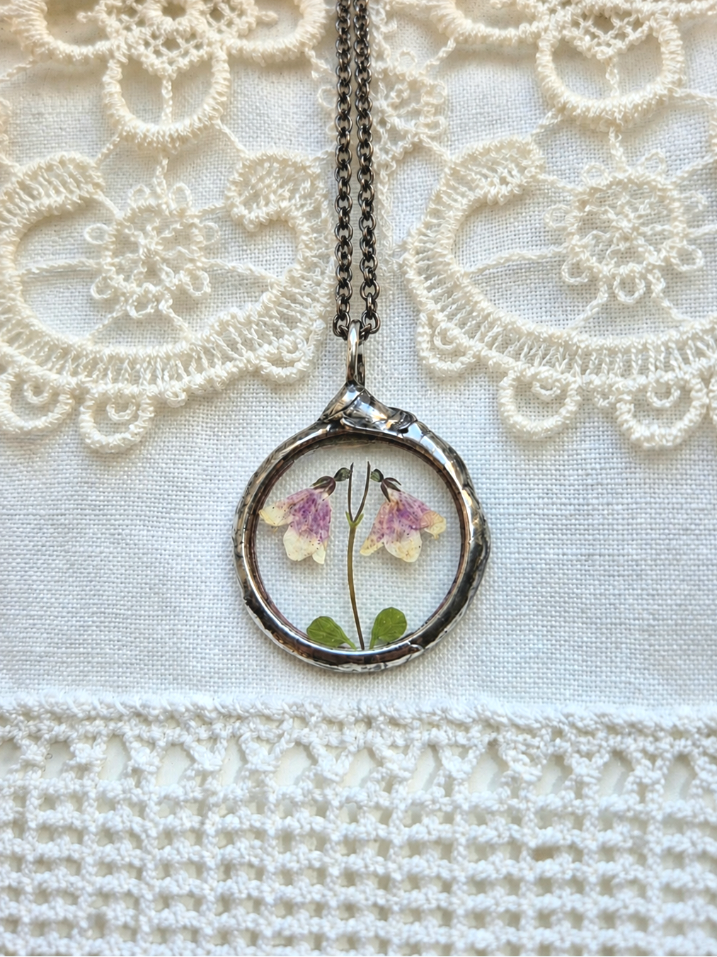Twinflower Linnea Small Terrarium Necklace with real, pressed flower.
