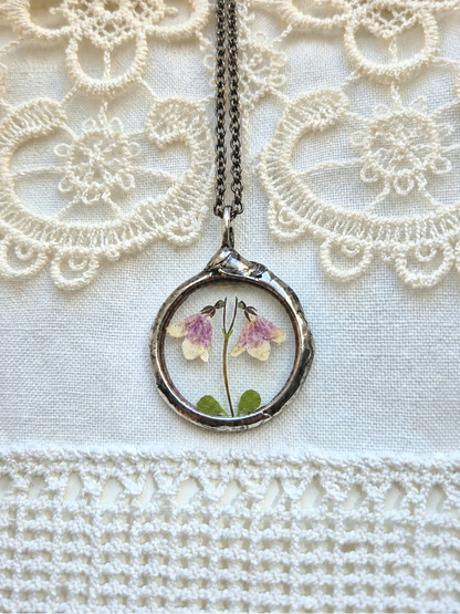 Twinflower Linnea Small Terrarium Necklace with real, pressed flower.