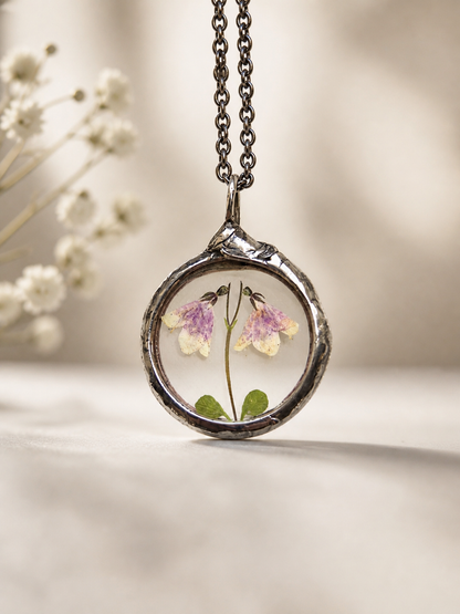 Twinflower Linnea Small Terrarium Necklace with real, pressed flower.