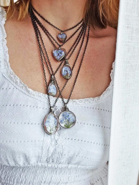 Forget me not necklaces. Pressed dried flowers, Terrarium necklace.