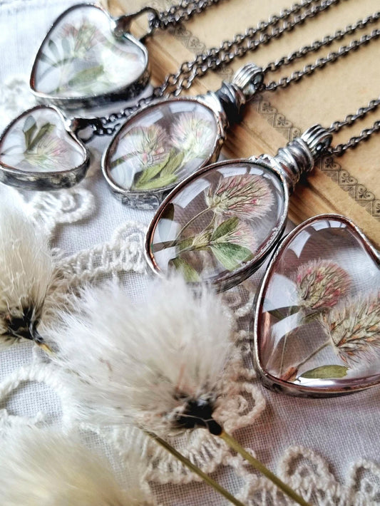 Hare’s-foot Clover necklaces. Pressed dried plants, Terrarium necklace.
