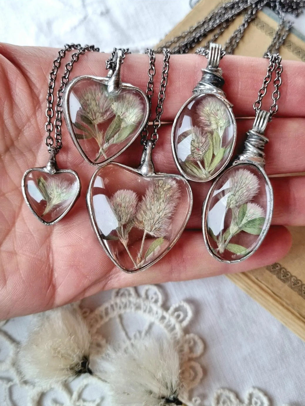 Hare’s-foot Clover necklaces. Pressed dried plants, Terrarium necklace.