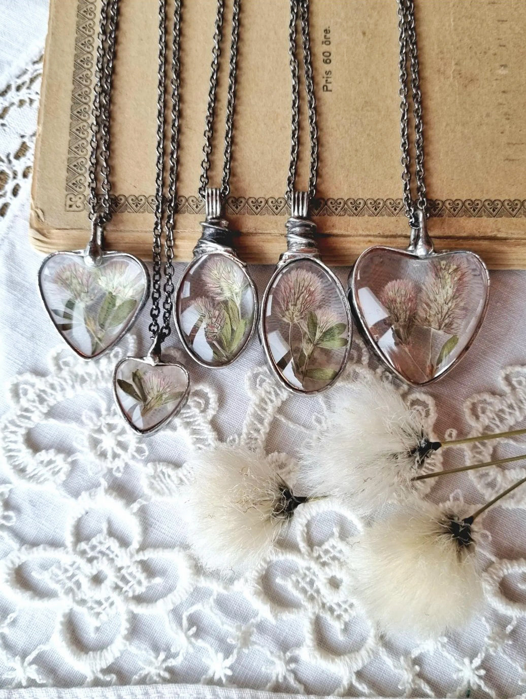 Hare’s-foot Clover necklaces. Pressed dried plants, Terrarium necklace.