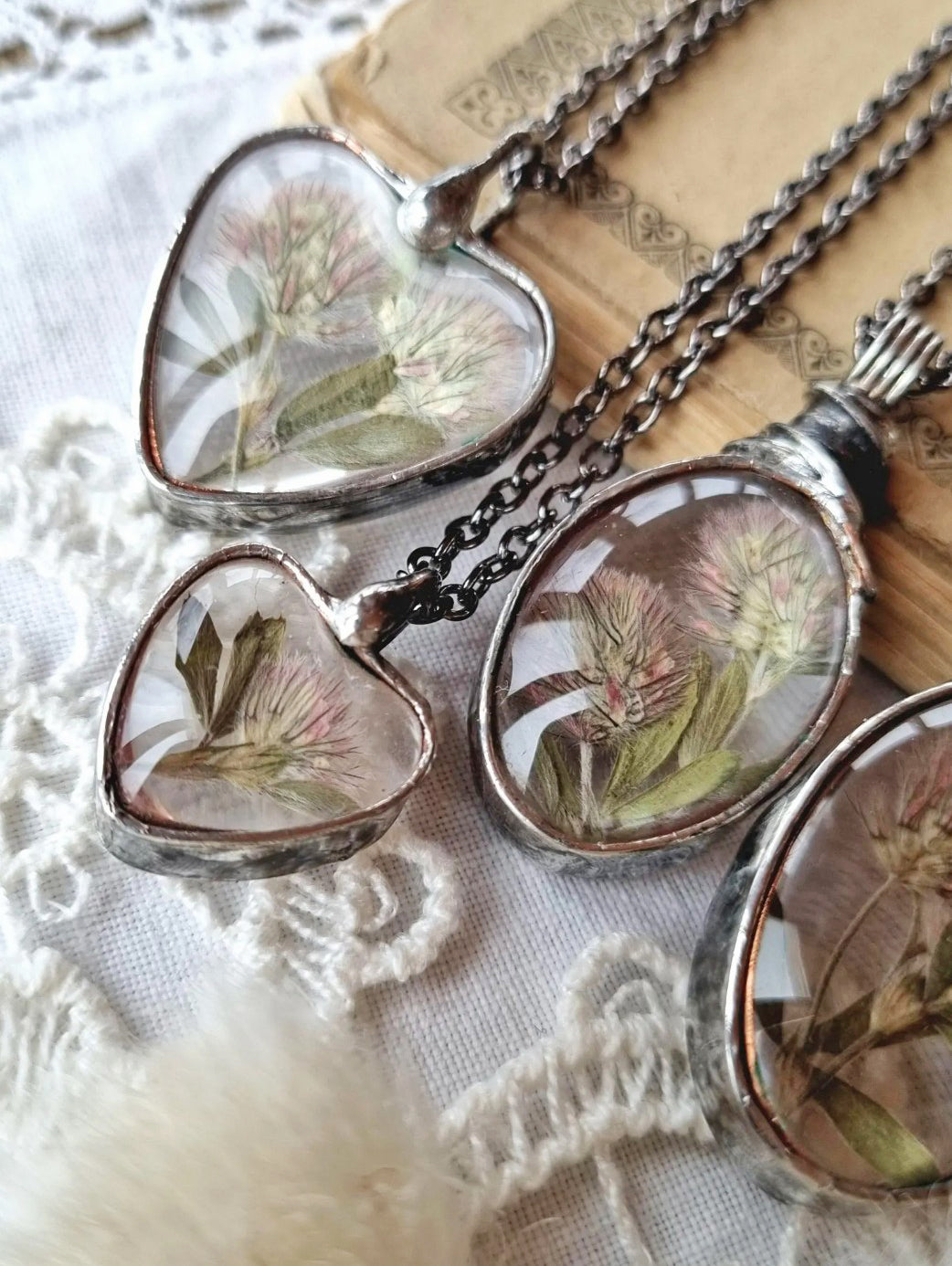Hare’s-foot Clover necklaces. Pressed dried plants, Terrarium necklace.