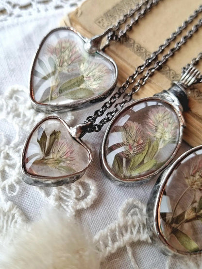 Hare’s-foot Clover necklaces. Pressed dried plants, Terrarium necklace.