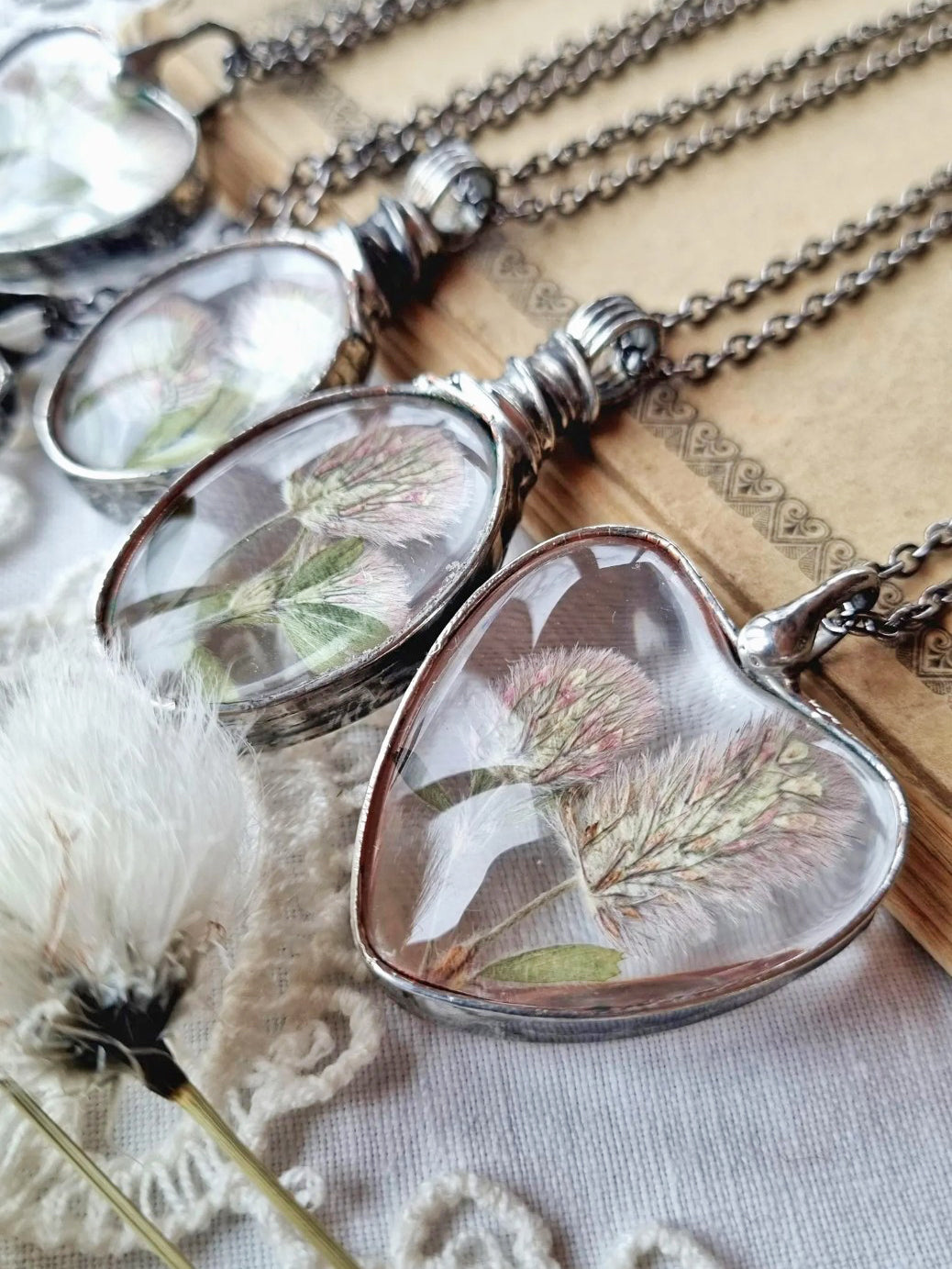 Hare’s-foot Clover necklaces. Pressed dried plants, Terrarium necklace.