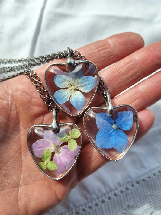 Hydrangea, pressed flower, Terrarium necklace.