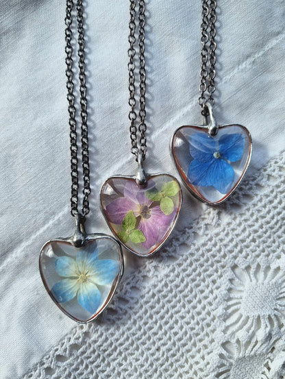 Hydrangea, pressed flower, Terrarium necklace.
