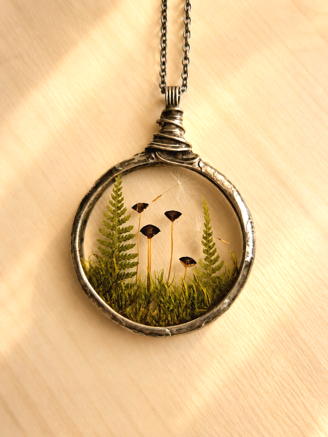 Mushroom and Fern necklace No 2, Terrarium necklace.