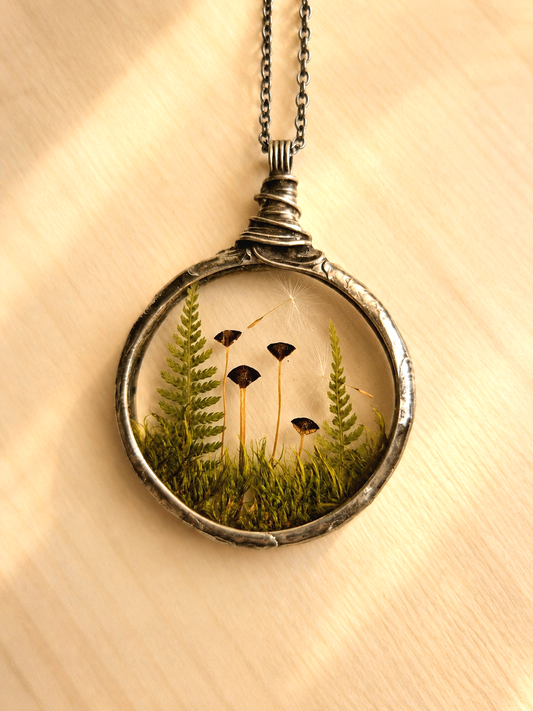 Mushroom and Fern necklace No 2, Terrarium necklace.